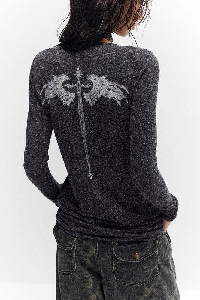 Gothic Cross Print V-Neck Long Sleeve T-shirt