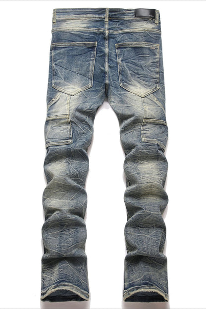 Blue Punk Stitched Badge Flare Denim Pants