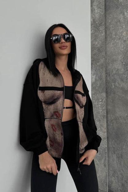 Bad Girl Style Nude Print Zipped Hoodie