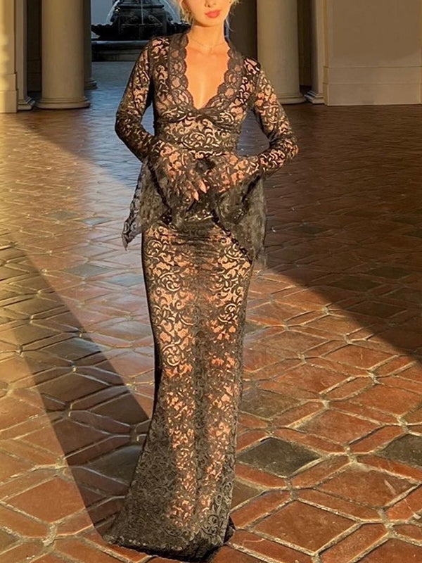 Deep V Lace Pattern See-Through Slim Fit Maxi Dress