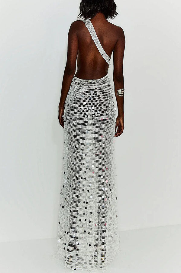 Sunshine Baby Knit Hollow Out Sequin One Shoulder Ring Detail Slit Cover-up Maxi Dress