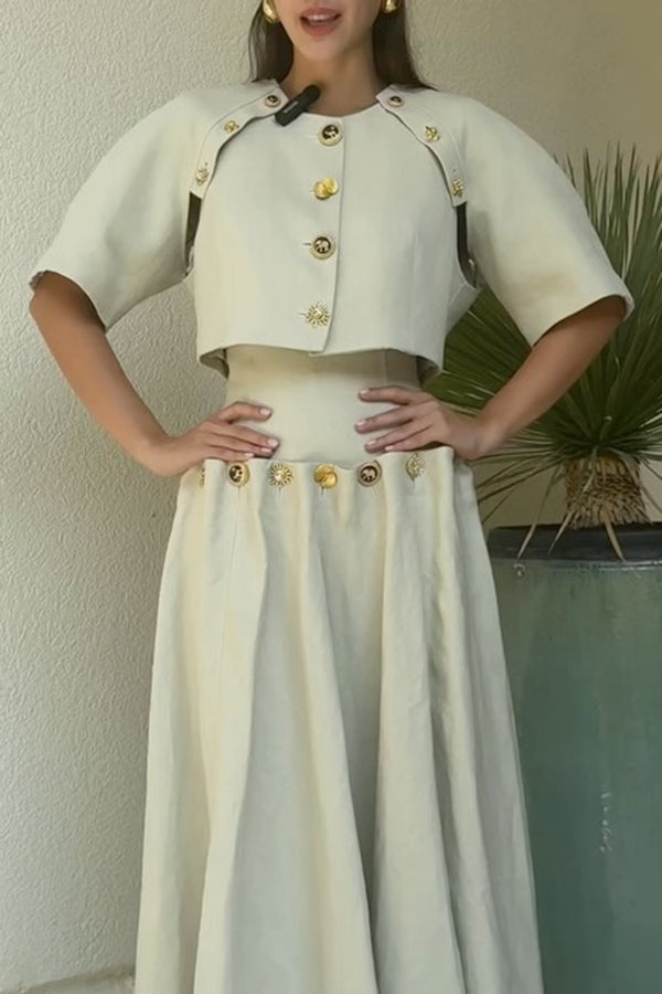 Custom Look Linen Blend Unique Metal Pattern Buttons Slit Half Sleeve Crop Jacket