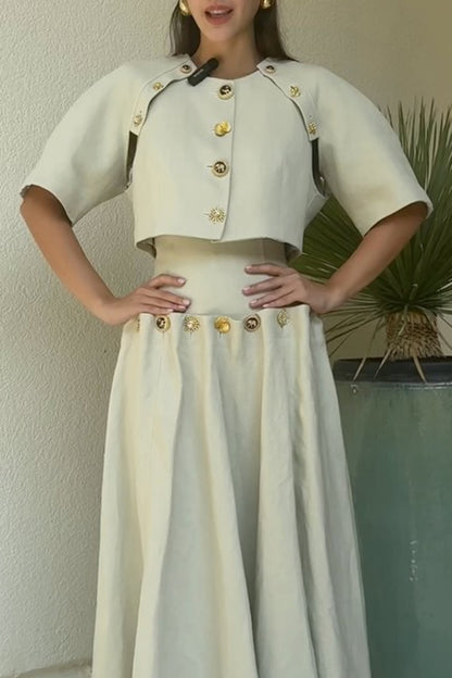 Custom Look Linen Blend Unique Metal Pattern Buttons Slit Half Sleeve Crop Jacket