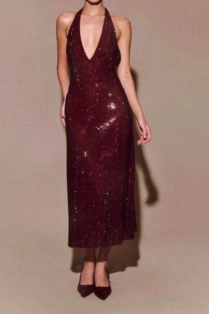 Halter Deep V Backless Bodycon Elegant Prom Dress