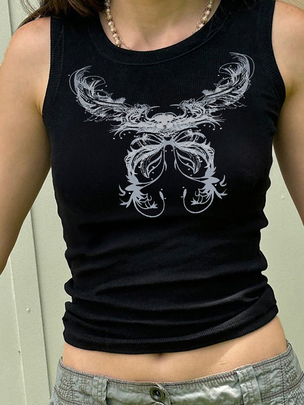 Vintage Butterfly Print Ribbed Tank Top