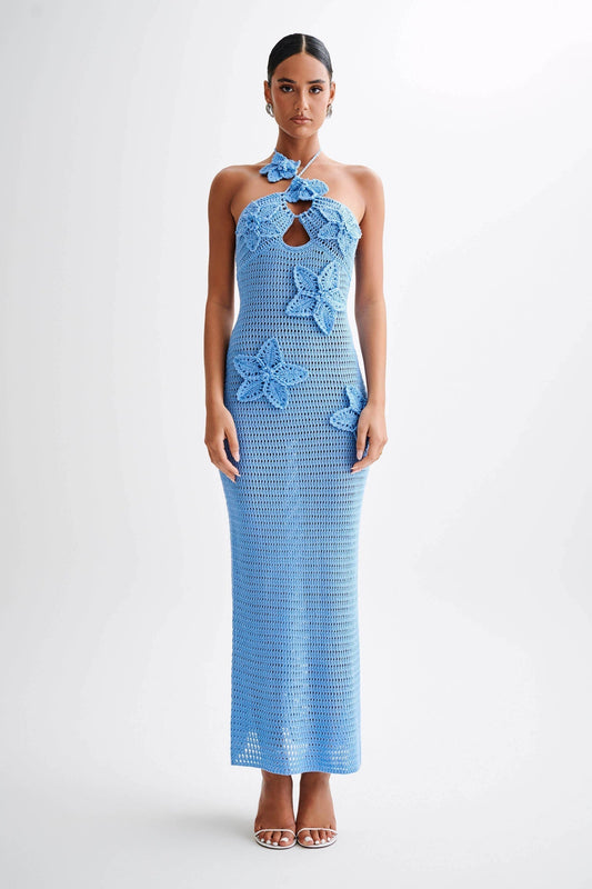 Vestido largo de crochet con apliques florales Beverly