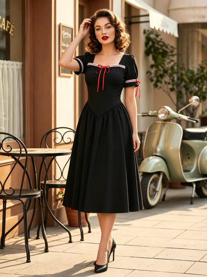 Vintage Dress Women's Puff Sleeve Midi Dress Square Neck Tie Front Fit And Flare Vintage Dress