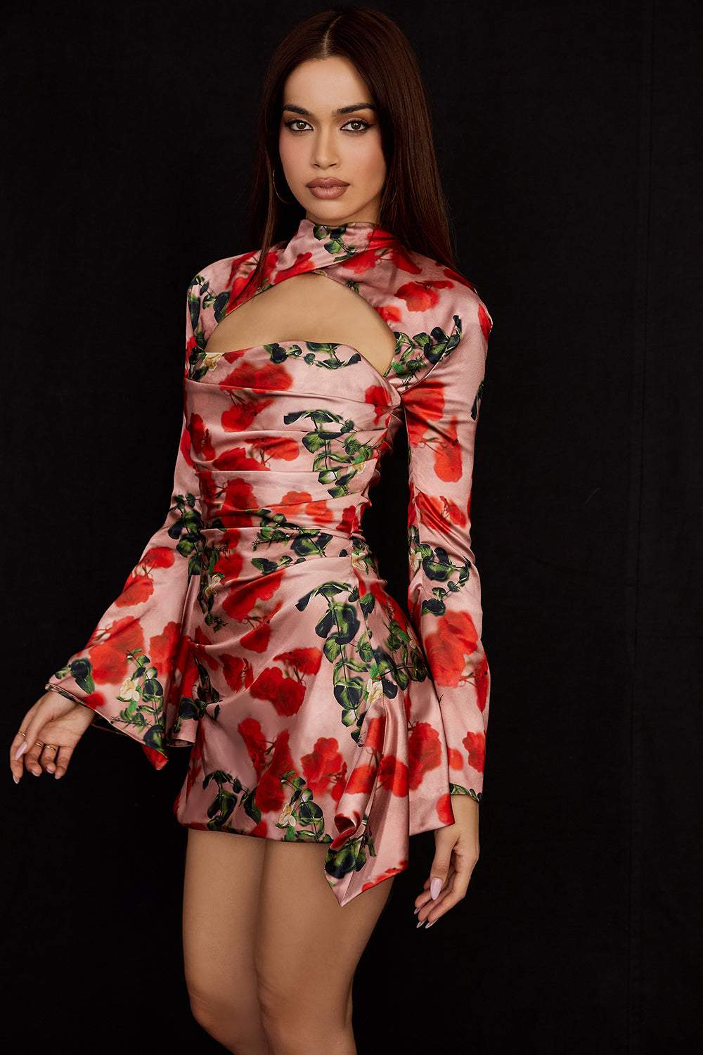 Floral Flared Sleeve Cut Out Mini Dress