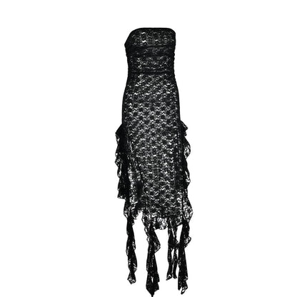 Lace ruffle solid high slit see through tube midi dress  | Festival Outfits Women