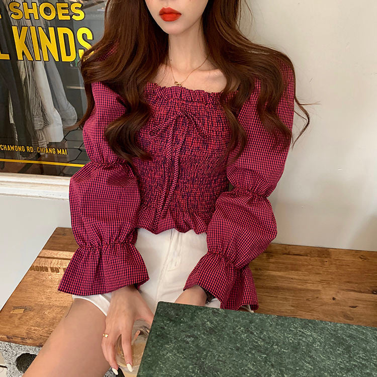 Long Sleeve Plaid Sexy Square Collar Bow Crop Tops