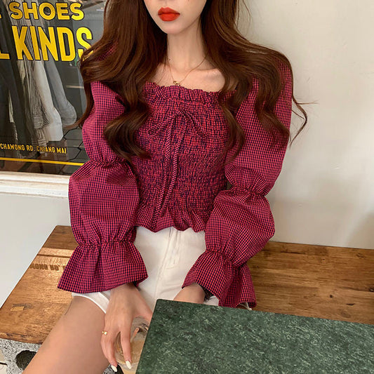 Long Sleeve Plaid Sexy Square Collar Bow Crop Tops