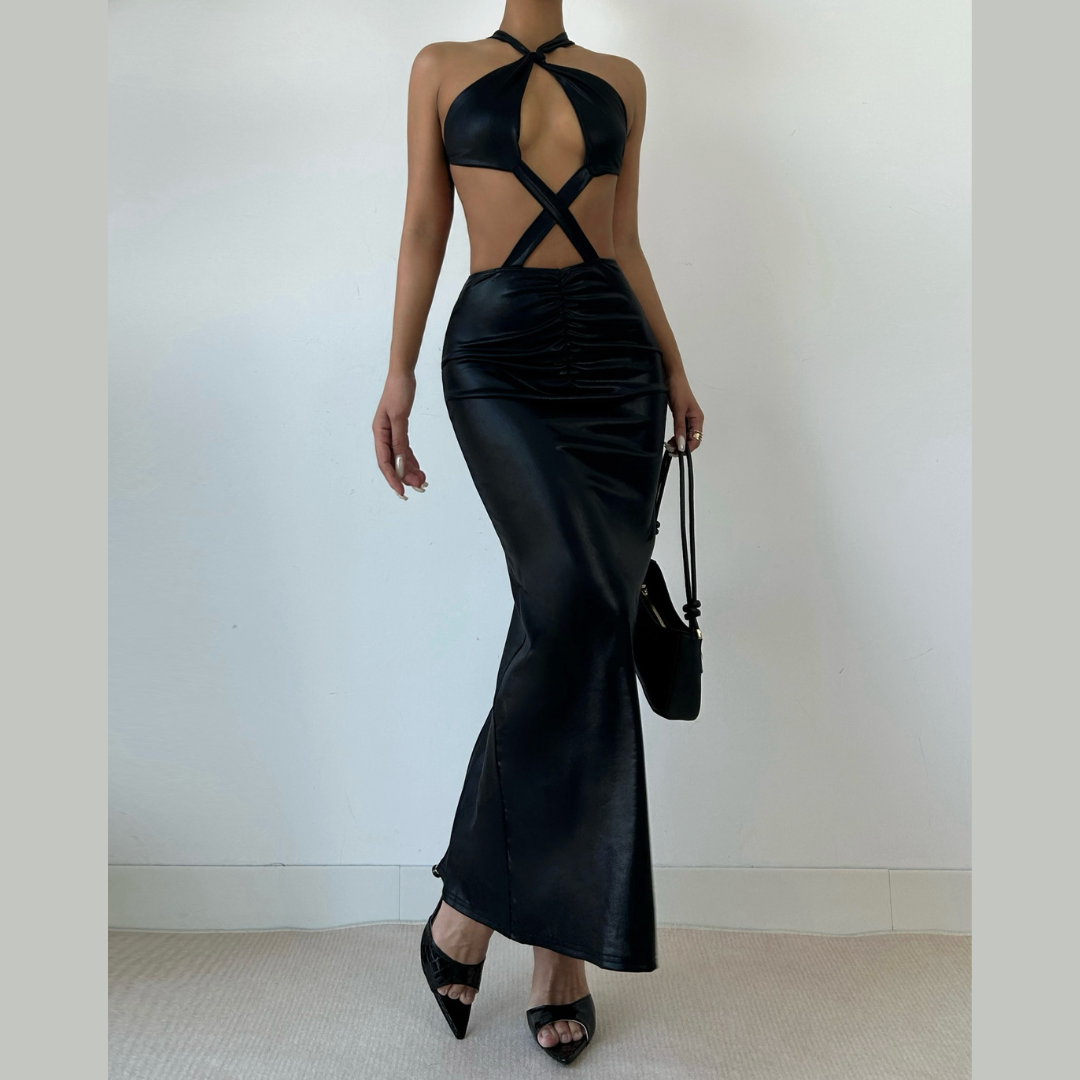 Hollow out ruched cross back backless maxi dress  | Festival Outfits Women