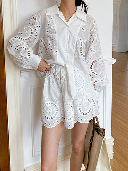 Jocelyn Loose Lapel Lantern Sleeve Embroidered Shirt
