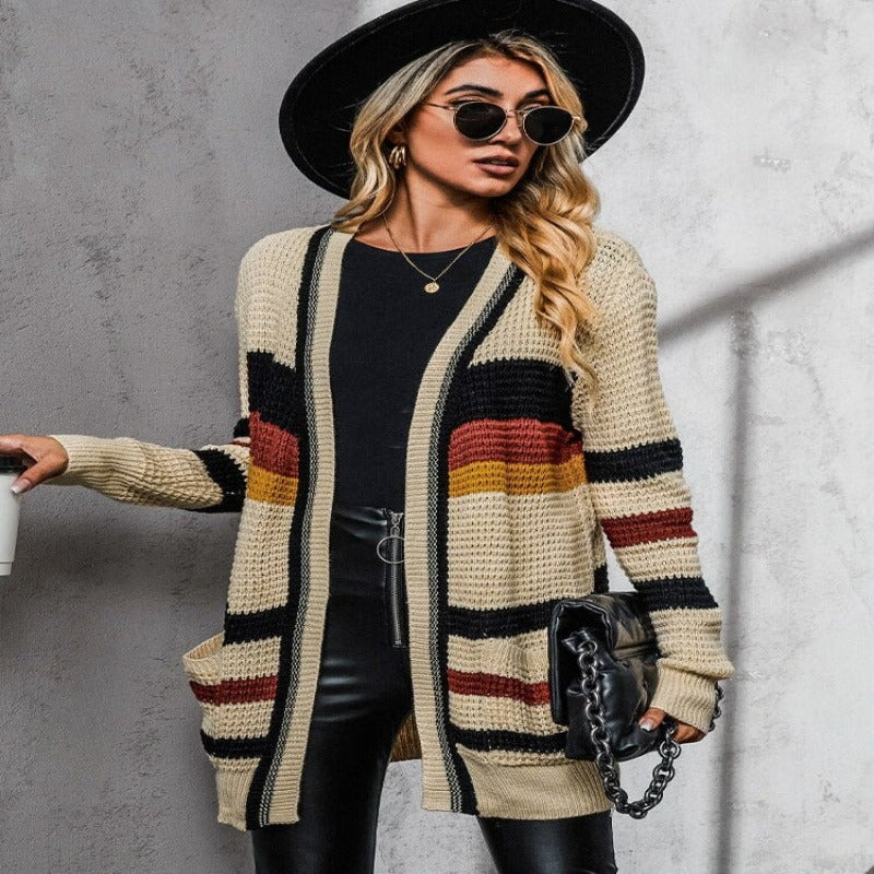 Cárdigan holgado de punto a rayas con cuello en V para mujer | Ideal para otoño/invierno