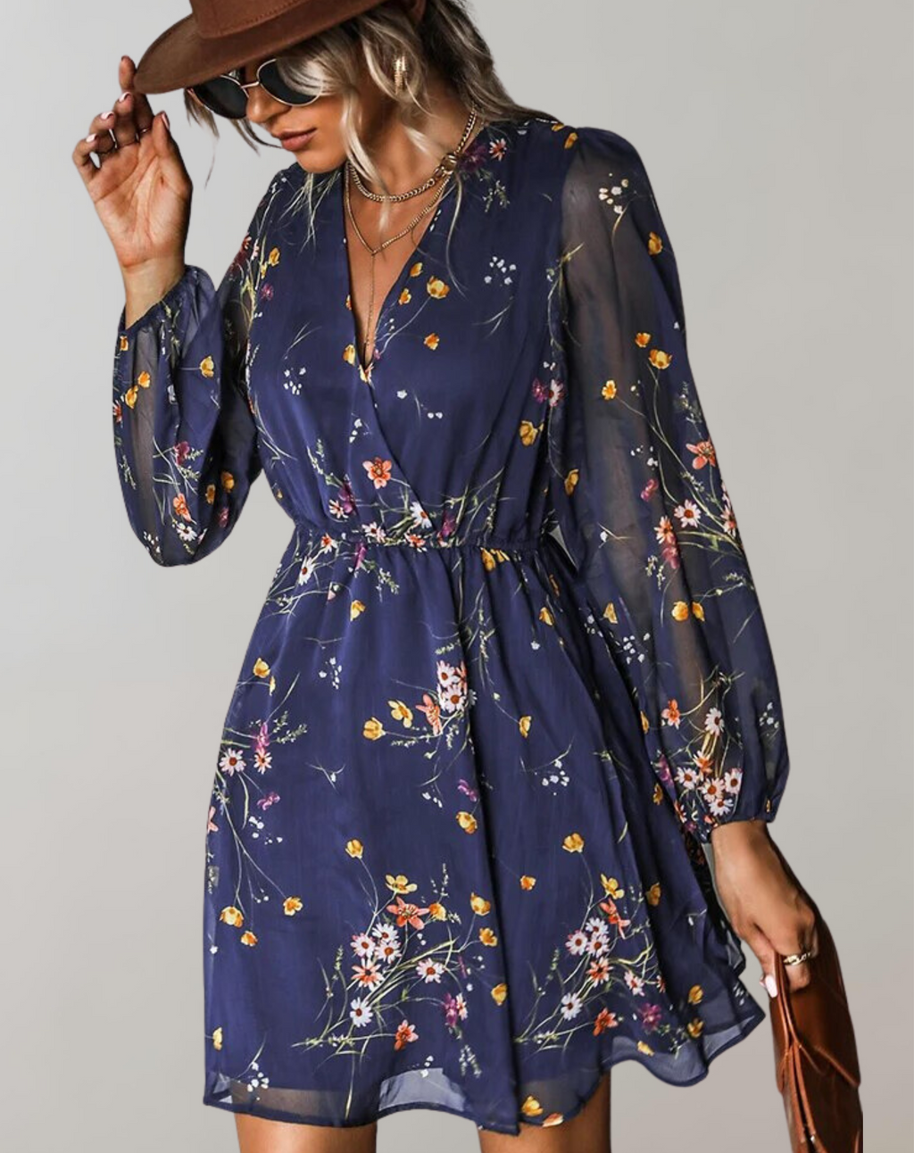 Elegante vestido midi de mujer con escote en V y estampado floral | Ideal para primavera/verano