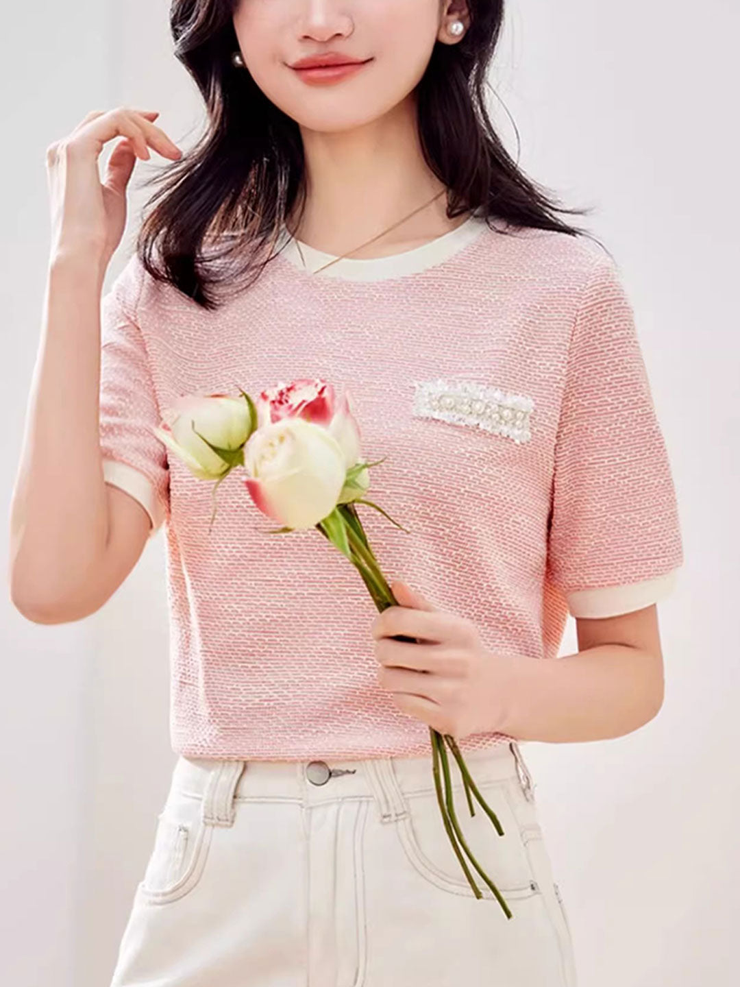 Layla Crew Neck Contrast Textured Knitted Top