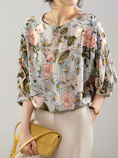 Mia Loose Crew Neck Puff Sleeve Printed Top