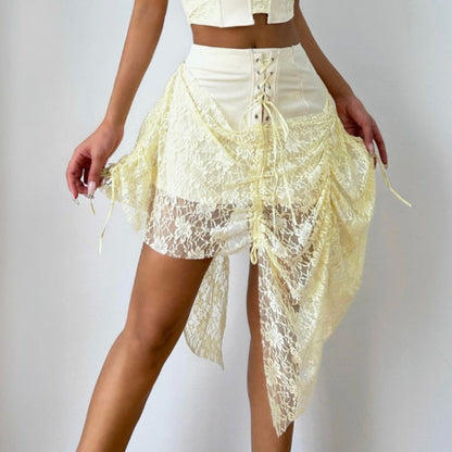 Lace up ruched lace irregular A line mini skirt  | Festival Outfits Women