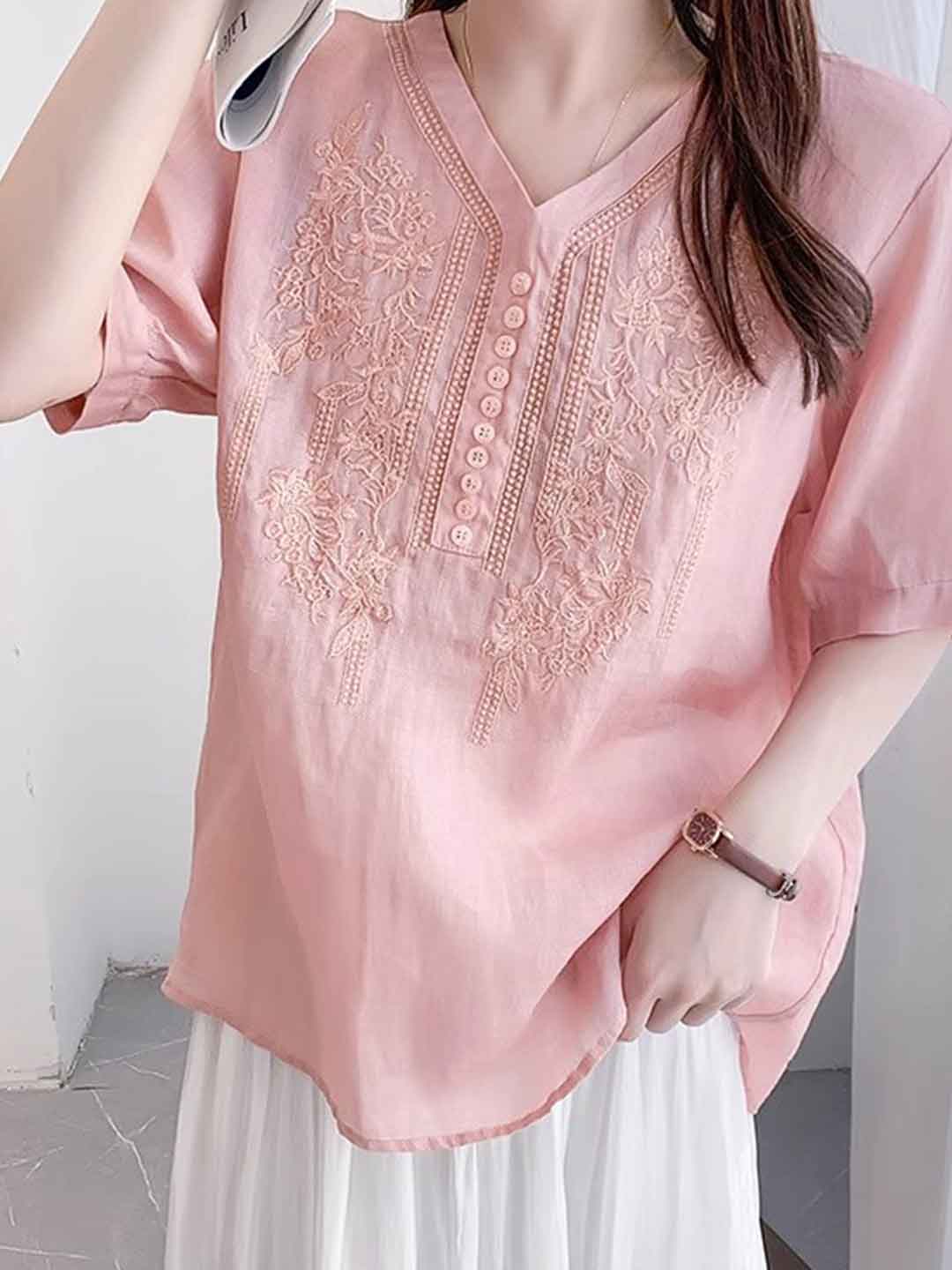 Layla Retro V-Neck Embroidered Top