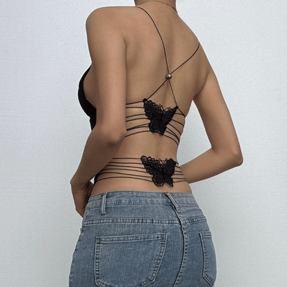 Sheer mesh butterfly applique see through backless solid top  | Festival Outfits Women