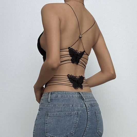 Sheer mesh butterfly applique see through backless solid top  | Festival Outfits Women