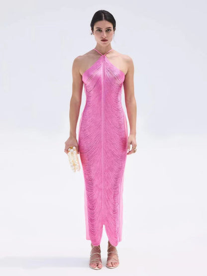 Tassel Back Slit Halter Neck Parties Maxi Dresses