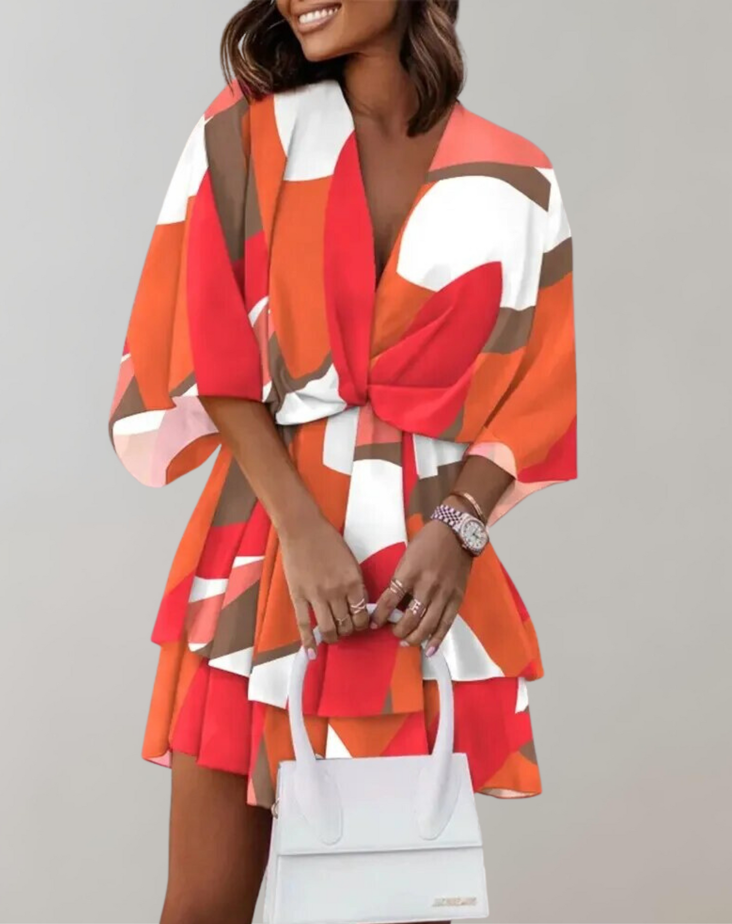 Vestido midi clásico con cuello en V y mangas murciélago para mujer | Ideal para primavera/verano