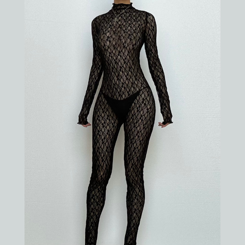 Long sleeve lace high neck zip-up see through jumpsuit  | Festival Outfits Women