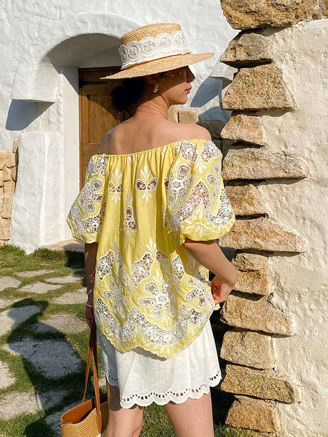 Makayla Loose Off-Shoulder Puff Sleeve Embroidered Top