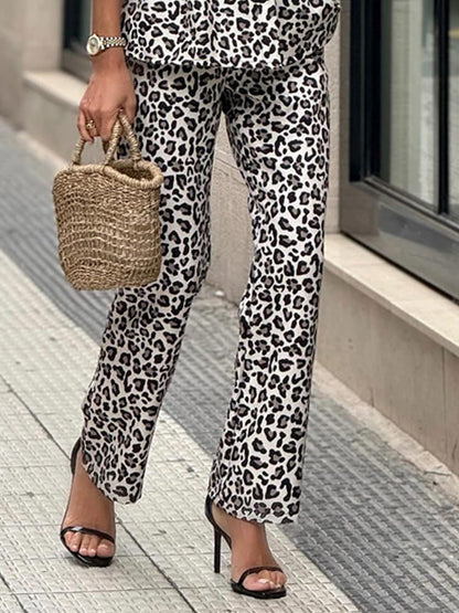 Casual Leopard Print Cardigan and Pants Set
