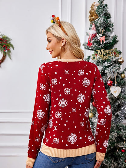Suéter informal de cuello redondo bordado – Papá Noel y pingüino 