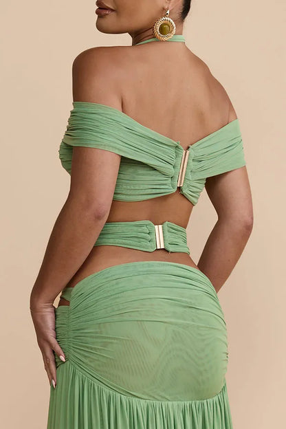 Green Off Shoulder Halter Ruched Two Piece Maxi Skirt Set Sexy Cut Out Resort Dress