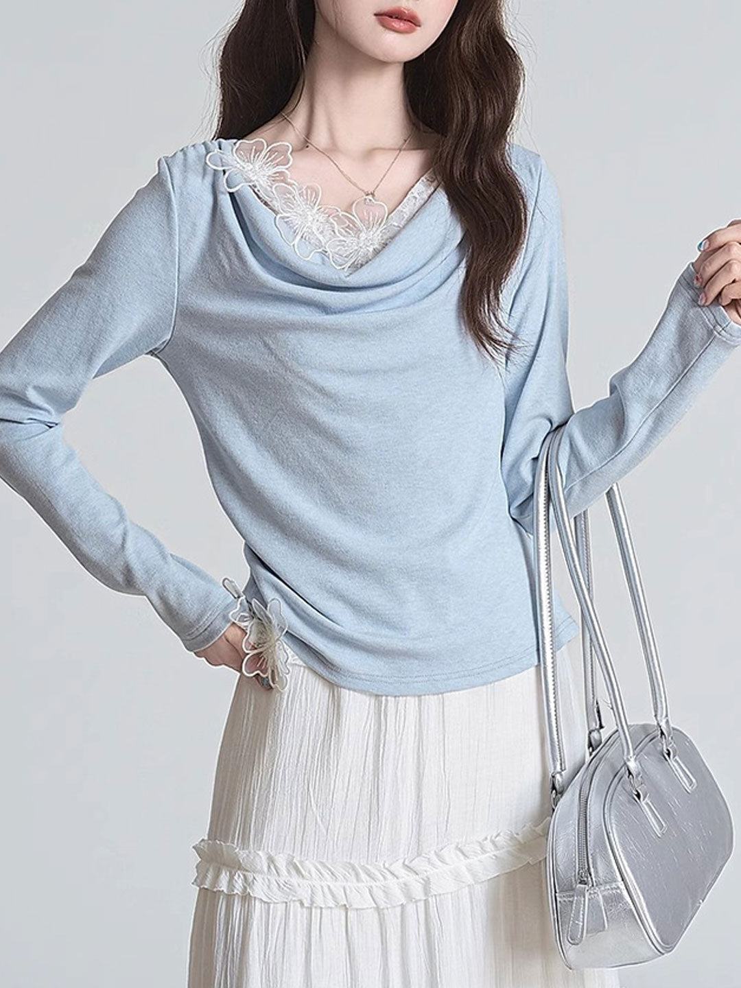 Julia Slim Swing Collar Dimensional Flower Patchwork Top