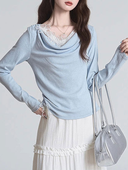 Julia Slim Swing Collar Dimensional Flower Patchwork Top