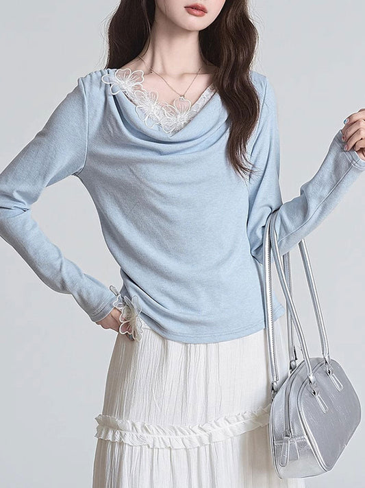 Julia Slim Swing Collar Dimensional Flower Patchwork Top