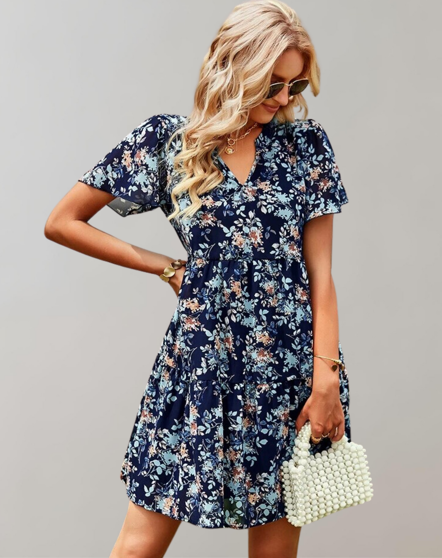 Vestido informal holgado con cuello en V y estampado floral para mujer | Ideal para primavera/verano