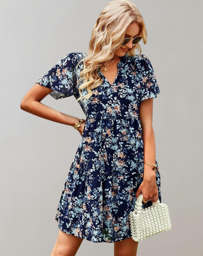 Vestido informal holgado con cuello en V y estampado floral para mujer | Ideal para primavera/verano