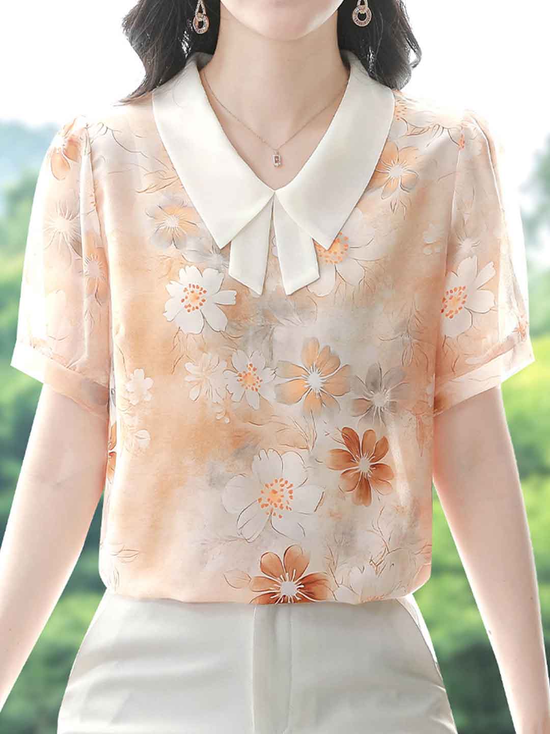 Mariah Classic Lapel Floral Printed Chiffon Top