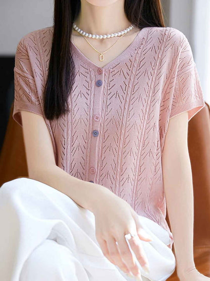 Mariah Elegant V-Neck Solid Color Jacquard Hollowed Cardigan