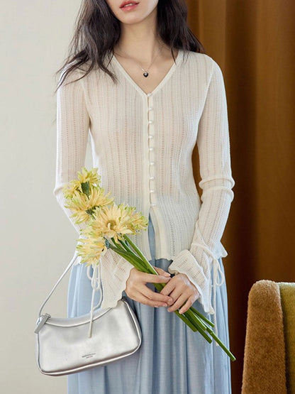 Zoe Slim V-Neck Flare Sleeve Pearl Hollowed Knitted Cardigan
