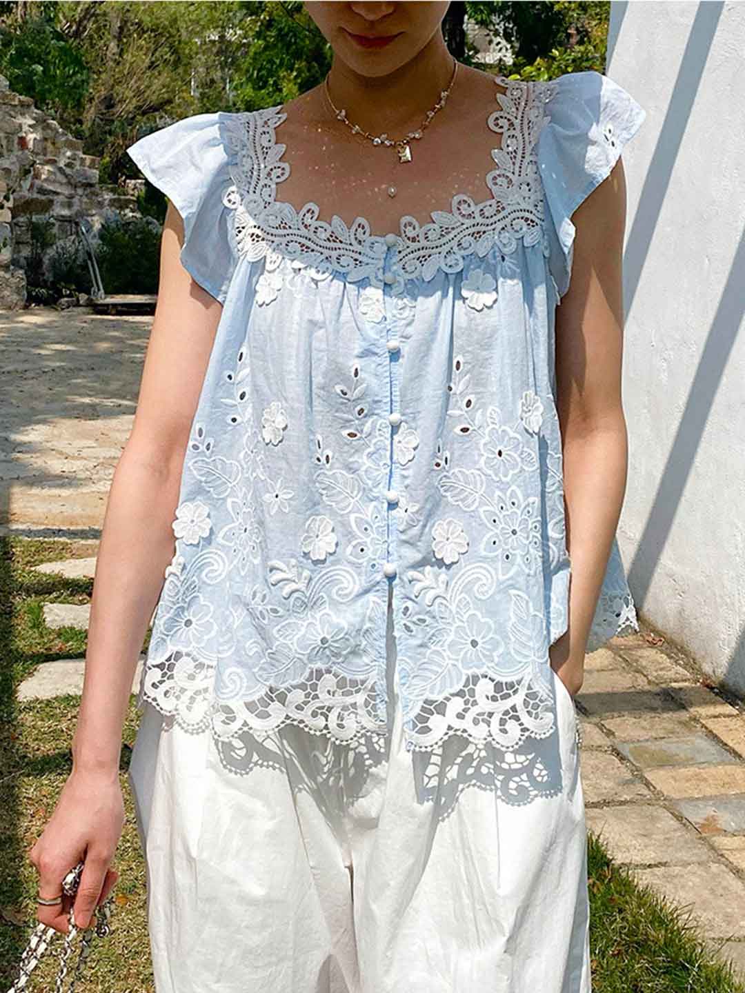 Sydney Vacation Square Neck Crochet Embroidered Top