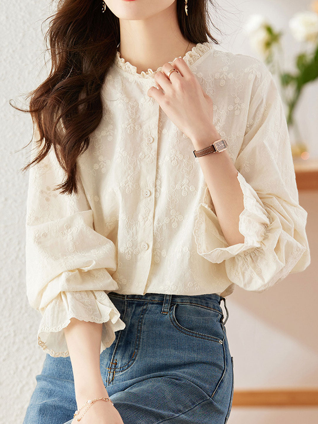 Molly Retro Flare Sleeve Lace Embroidered Shirt