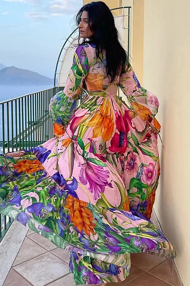 Conjunto de traje de baño estampado con mangas farol y escote en V profundo