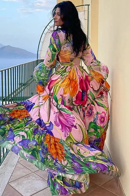 Conjunto de traje de baño estampado con mangas farol y escote en V profundo