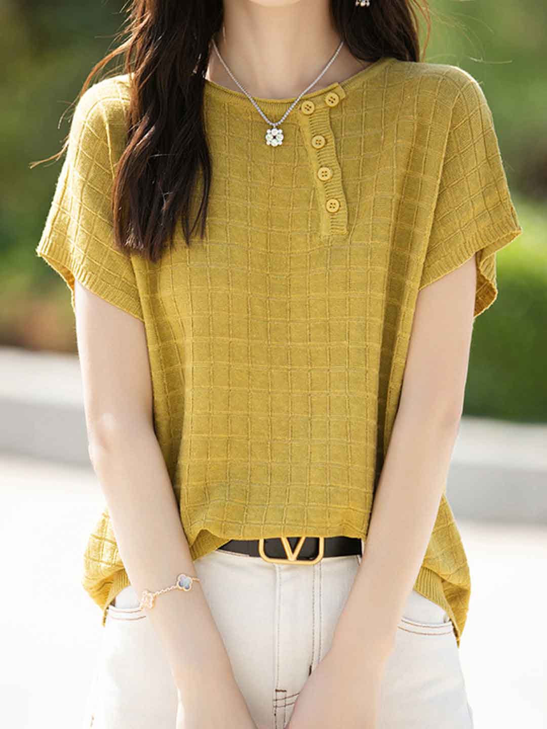 Maya Loose Crew Neck Plaid Knitted Top