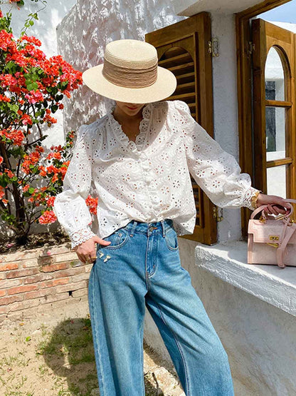 Julia Elegant V-Neck Puff Sleeve Embroidered Top