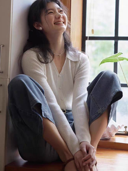 Zoey Retro V-Neck Solid Color Knitted Top