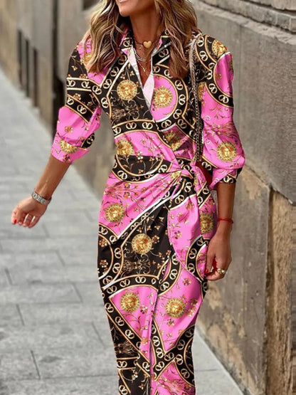 Wrap-up Shirt Collar Lace Up Printed Maxi Dresses