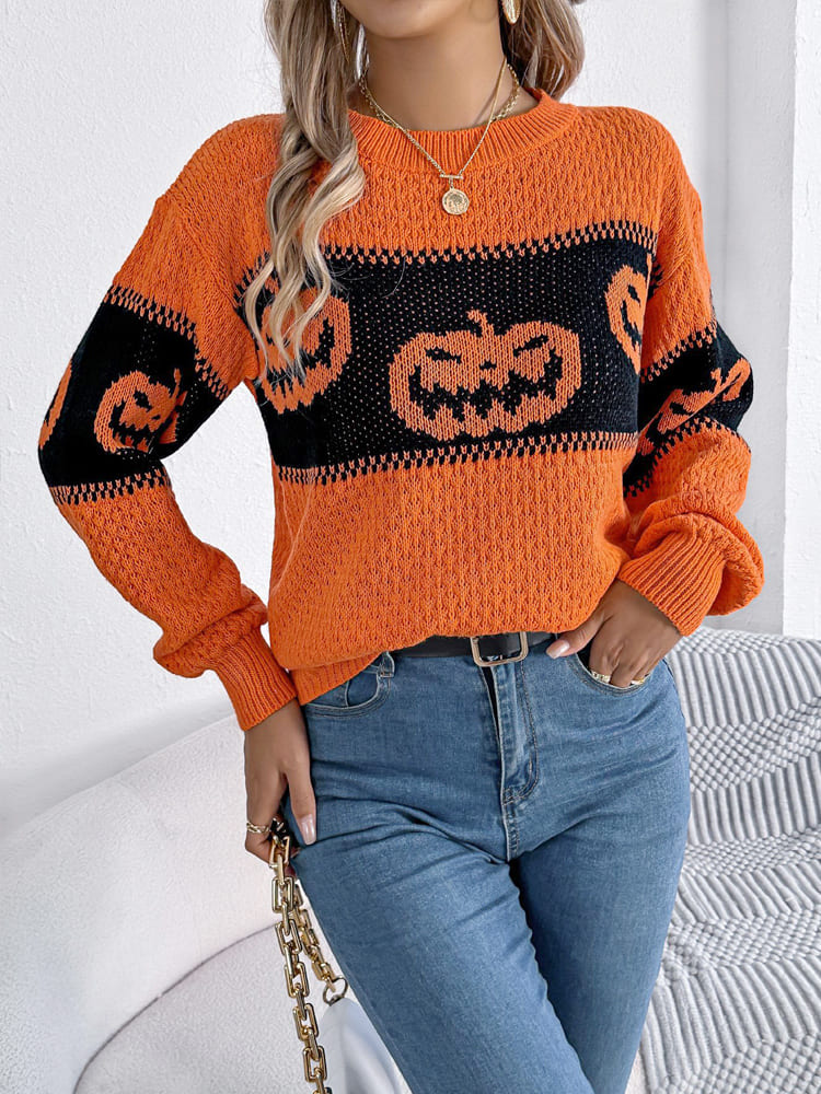 Suéter de punto con cuello redondo y bloques de color con cabeza de calabaza de Halloween 