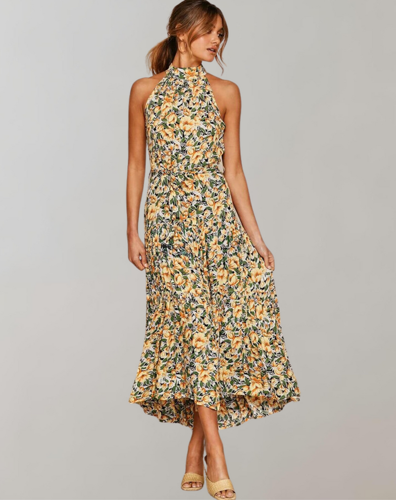 Vestido largo informal con cuello halter y estampado de lunares para mujer | Ideal para primavera/verano